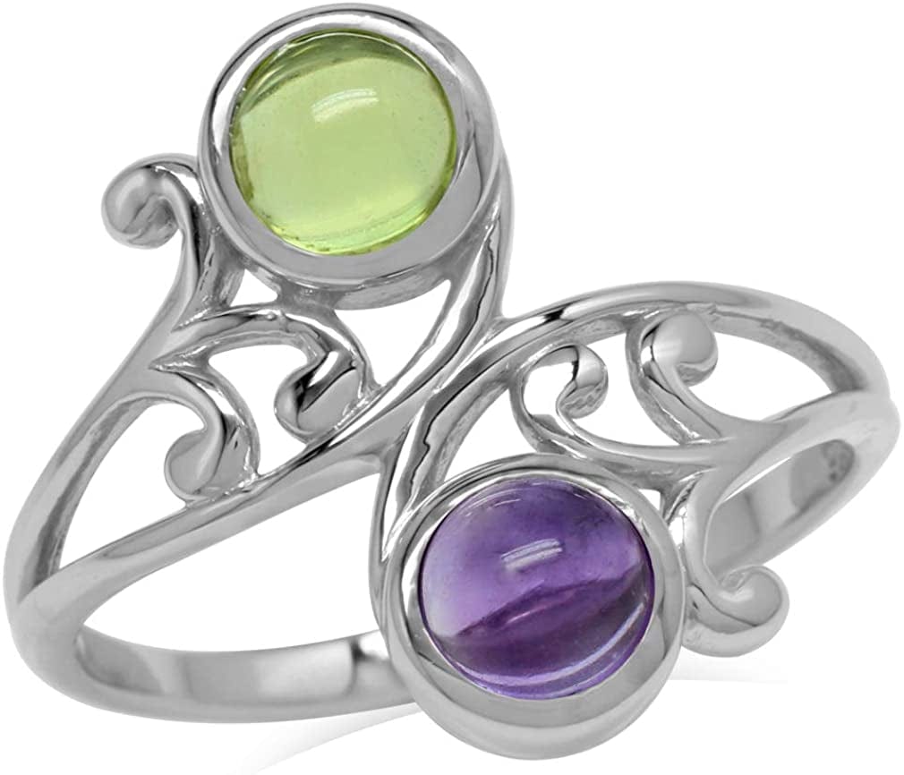 Bezel Set Cabochon Gemstone White Gold Plated 925 Sterling Silver Leaf and Swirl Bypass Ring 9 / cabochon peridot & amethyst