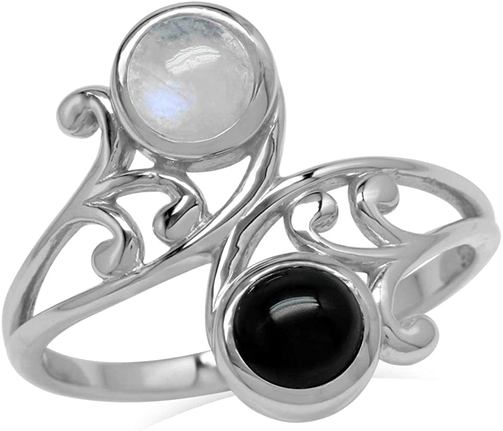 Bezel Set Cabochon Gemstone White Gold Plated 925 Sterling Silver Leaf and Swirl Bypass Ring 7 / natural moonstone & onyx