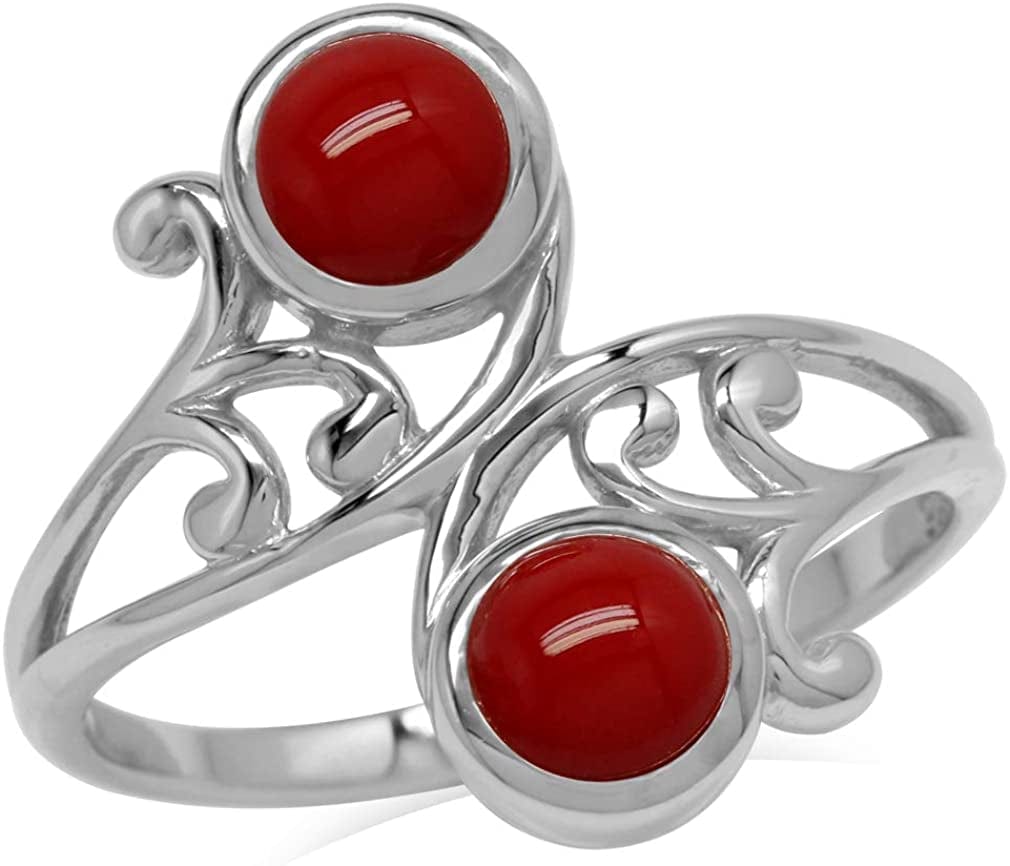 Bezel Set Cabochon Gemstone White Gold Plated 925 Sterling Silver Leaf and Swirl Bypass Ring 9 / created red coral
