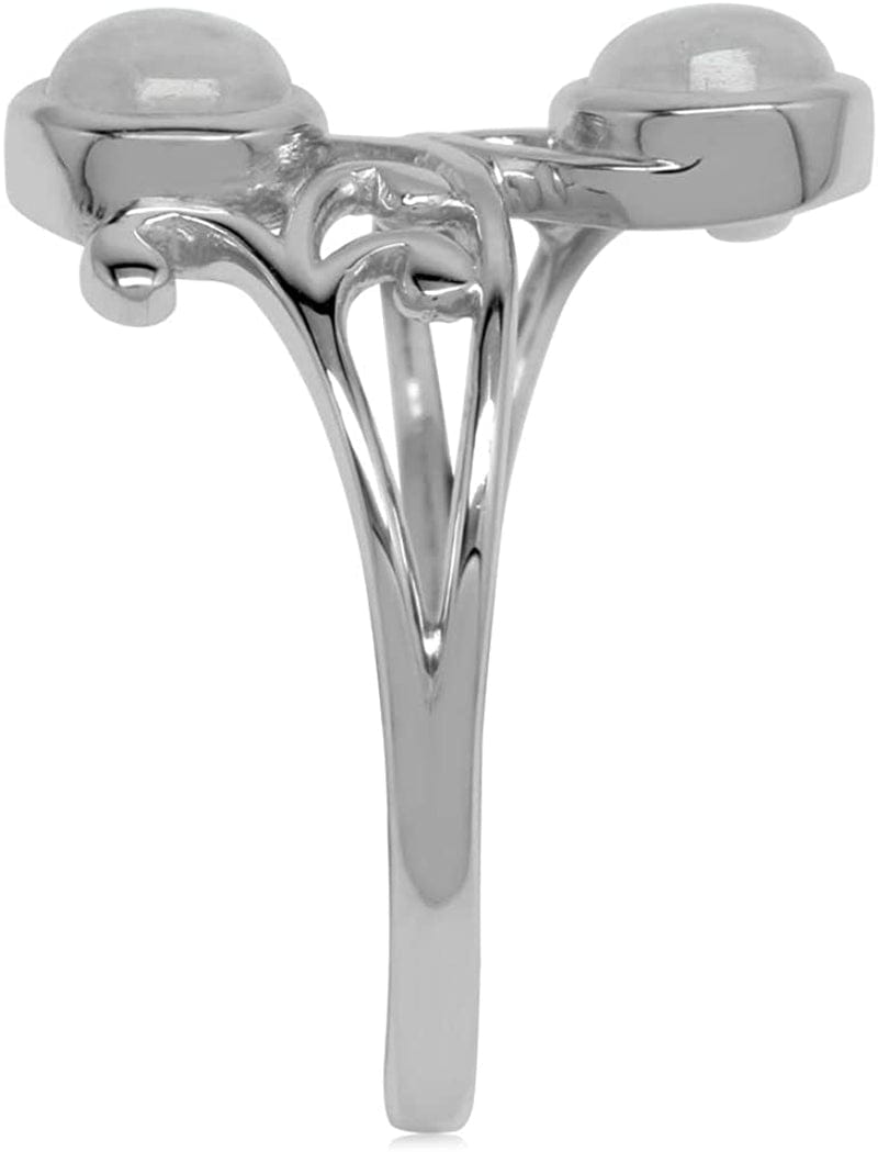 Bezel Set Cabochon Gemstone White Gold Plated 925 Sterling Silver Leaf and Swirl Bypass Ring