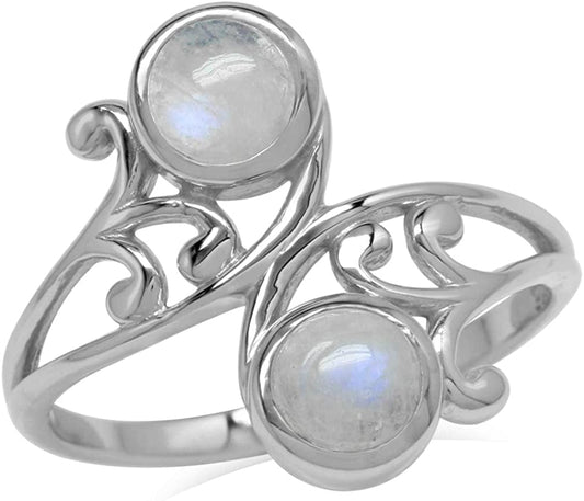 Bezel Set Cabochon Gemstone White Gold Plated 925 Sterling Silver Leaf and Swirl Bypass Ring 7 / Moonstone