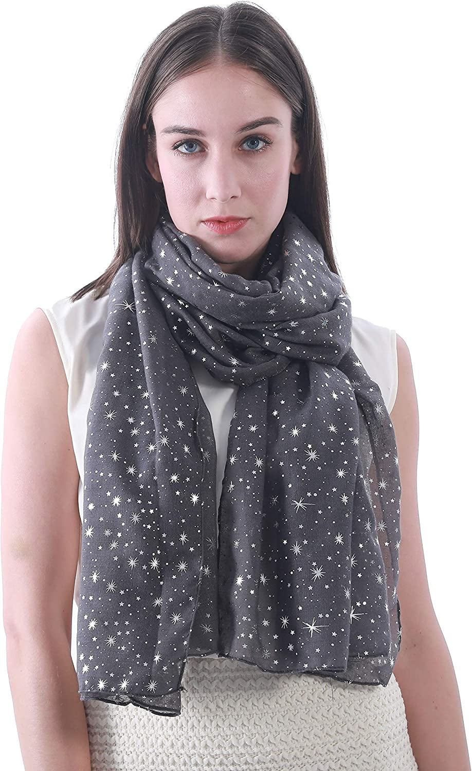 Lina & Lily Silver Gold Glitters Shimmer Foil Stars Women Scarf Shawl Wrap Apparel & Accessories > Clothing Accessories > Scarves & Shawls Lina & Lily Dark Grey (Silver Stars)  