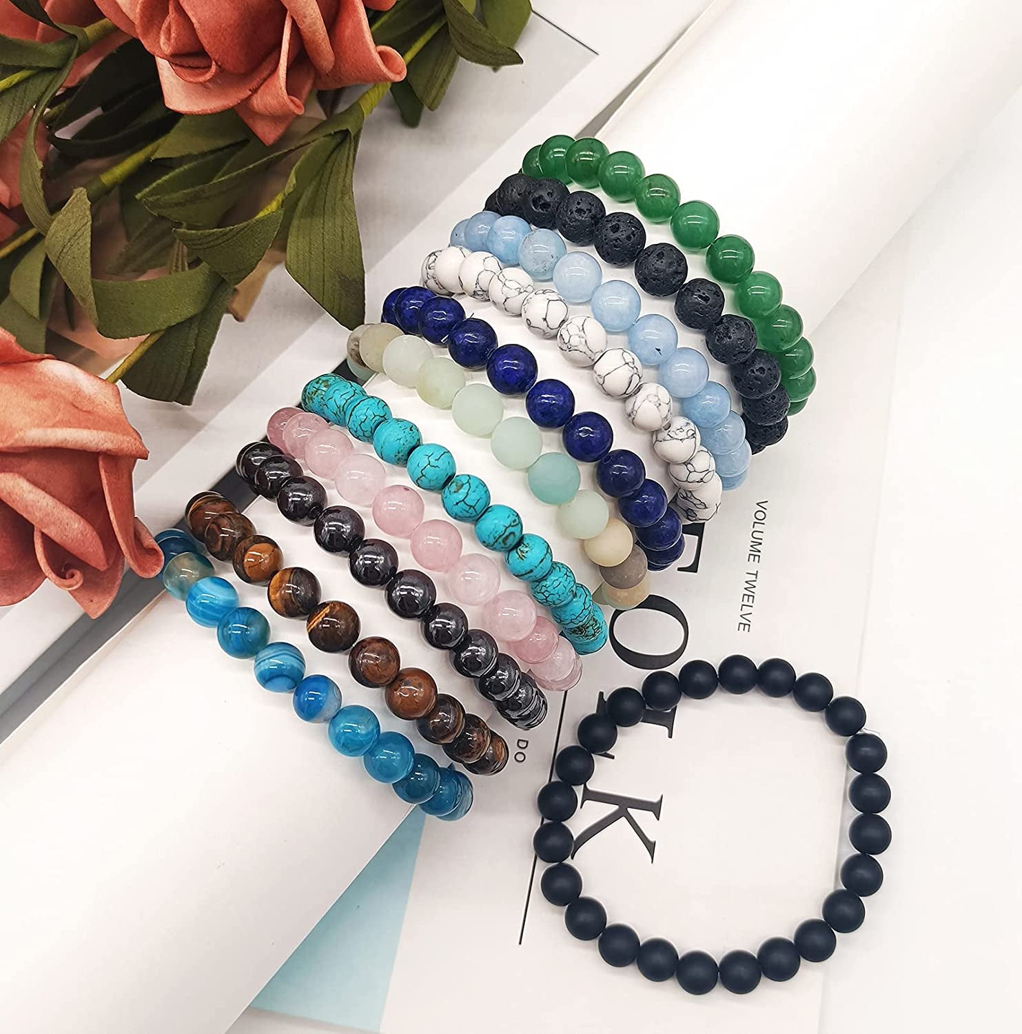 Jewdreamer 12Pcs Healing Stone Beaded Bracelets for Women Men Semi-Precious Gemstones Bracelets Crystal Beaded Bracelet Unisex Adjustable Stretch Bracelets 8MM Apparel & Accessories > Jewelry > Bracelets Jewdreamer   