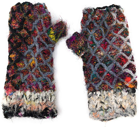 Diamond Weave Insulated Fleece Lined Raw Silk Knit Warm Texting Fingerless Gloves Thumb Hole Hand Mittens Apparel & Accessories > Clothing Accessories > Gloves & Mittens Nickanny's Grey / Black  