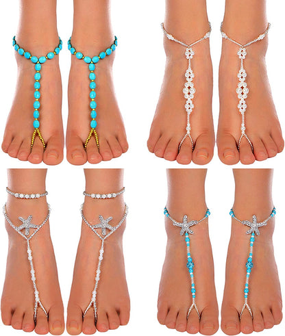 Beach Barefoot Sandals Bohemia Anklet Sandals Starfish Ankle Chain Beaded Elastic Foot Jewelry for Women Lady (Style Set 2) Apparel & Accessories > Jewelry > Anklets Yaomiao   
