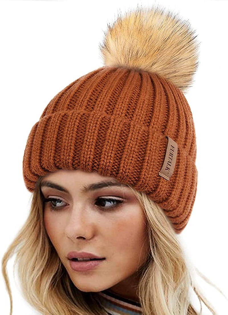 FURTALK Womens Winter Knitted Beanie Hat with Faux Fur Pom Warm Knit Skull Cap Beanie for Women… Apparel & Accessories > Clothing Accessories > Hats KYLIE MAX 10-dark Orange  