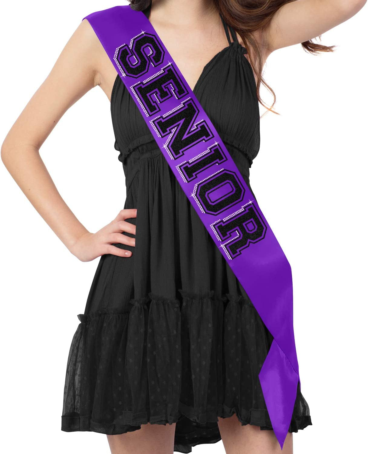 Rhinestonesash Senior Silver Glitter Purple Premium Quality Purple Satin Sash - Senior Night Supplies and Gifts - Purple Sash(Senior) Pur Apparel & Accessories > Clothing Accessories > Sashes RhinestoneSash Purple (Senior - Black Glitter)  