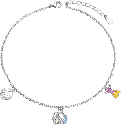 Ladytree Anklet for Women 925 Sterling Silver Animal Plant Beaded Adjustable Foot Theme Charm Ankle Bracelet Summer Anklets Jewelry Apparel & Accessories > Jewelry > Anklets Ladytree Mermaid  