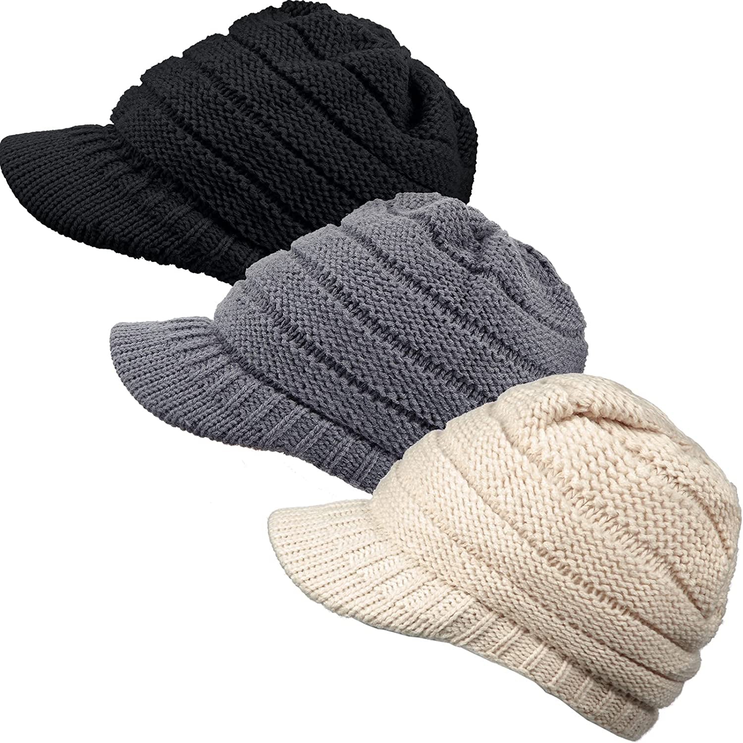 SATINIOR Women Winter Knit Hat Winter Brim Beanie Hats for Women Slouchy Beanie Cap with Visor Warm Newsboy Skull Cap Apparel & Accessories > Clothing Accessories > Hats SATINIOR Black, Beige, Grey 3 