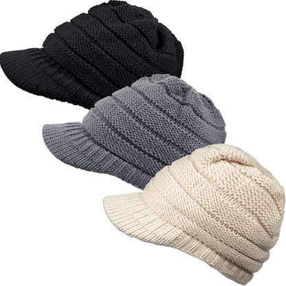 SATINIOR Women Winter Knit Hat Winter Brim Beanie Hats for Women Slouchy Beanie Cap with Visor Warm Newsboy Skull Cap Apparel & Accessories > Clothing Accessories > Hats SATINIOR Black, Beige, Grey 3 