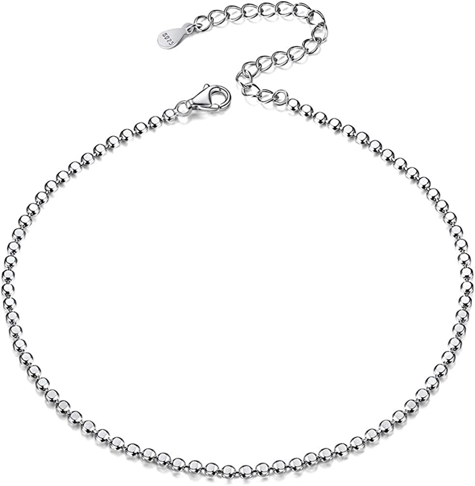 Chicsilver 925 Sterling Silver Ankle Bracelet for Women, Simple Durable Cuban Link/Figaro/Twist Rope Chain Anklets for Beach Party(With Gift Box) Apparel & Accessories > Jewelry > Anklets ChicSilver Jewelry G: Flat Bead Chain  