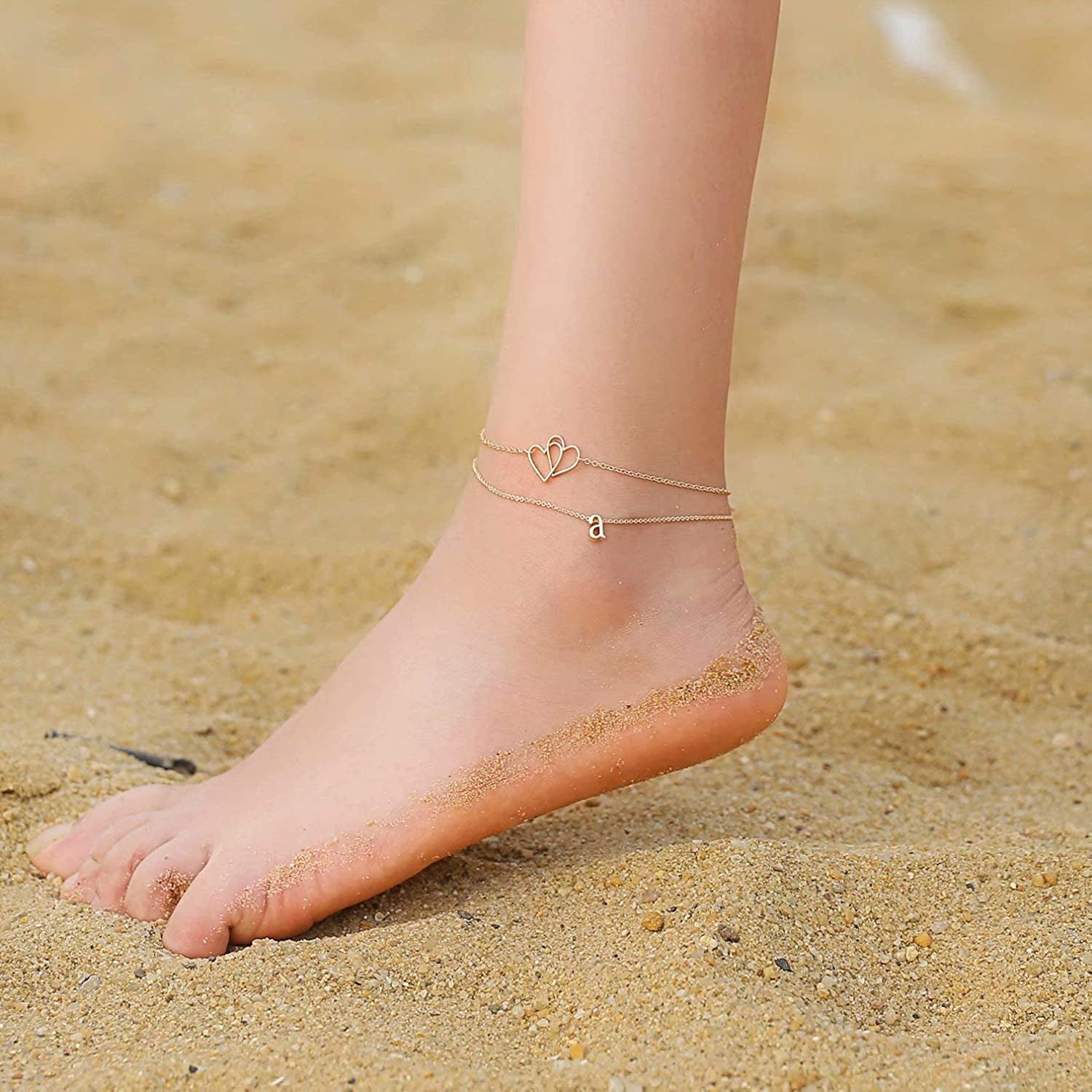 Turandoss Initial Heart Ankle Bracelets for Women, 14K Gold Filled Handmade Layered Initial Anklet Letter Two Heart Ankle Bracelets for Women Girls Beach Jewelry Apparel & Accessories > Jewelry > Anklets Turandoss   