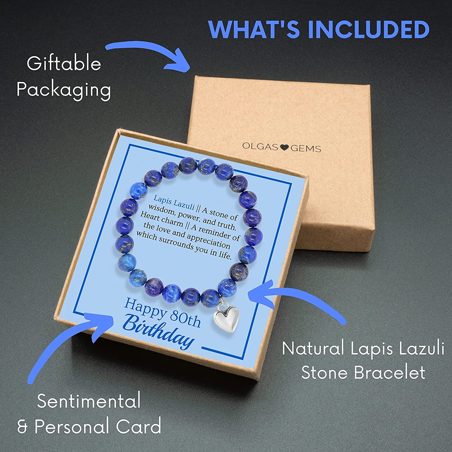 OLGAS GEMS 80Th Birthday Milestone Bracelet & Meaningful Message Card for Women - Beautiful and Sentimental 80Th Birthday Gifts for Women Made with Natural Lapis Lazuli Stones Apparel & Accessories > Jewelry > Bracelets OLGAS GEMS   