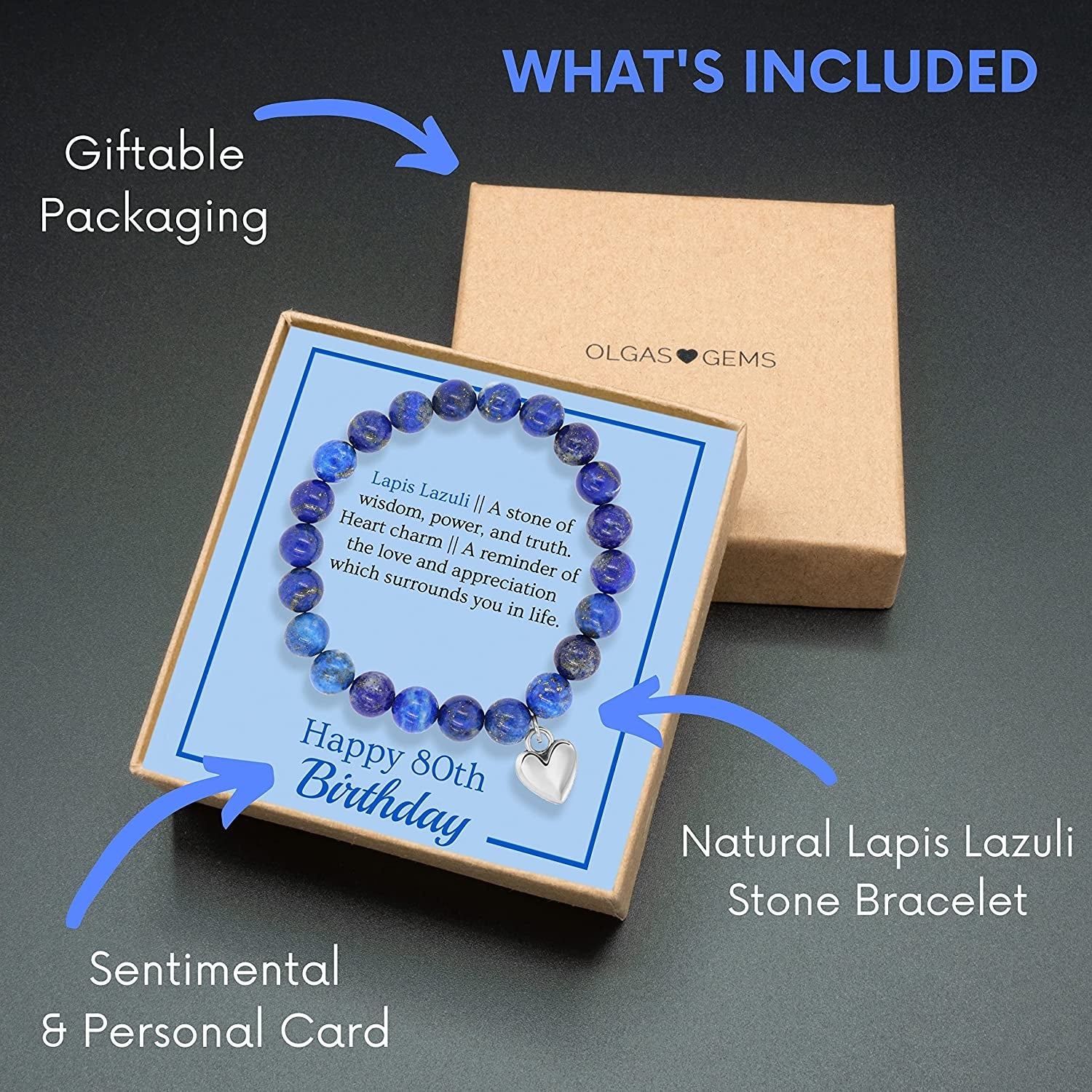OLGAS GEMS 80Th Birthday Milestone Bracelet & Meaningful Message Card for Women - Beautiful and Sentimental 80Th Birthday Gifts for Women Made with Natural Lapis Lazuli Stones Apparel & Accessories > Jewelry > Bracelets OLGAS GEMS   