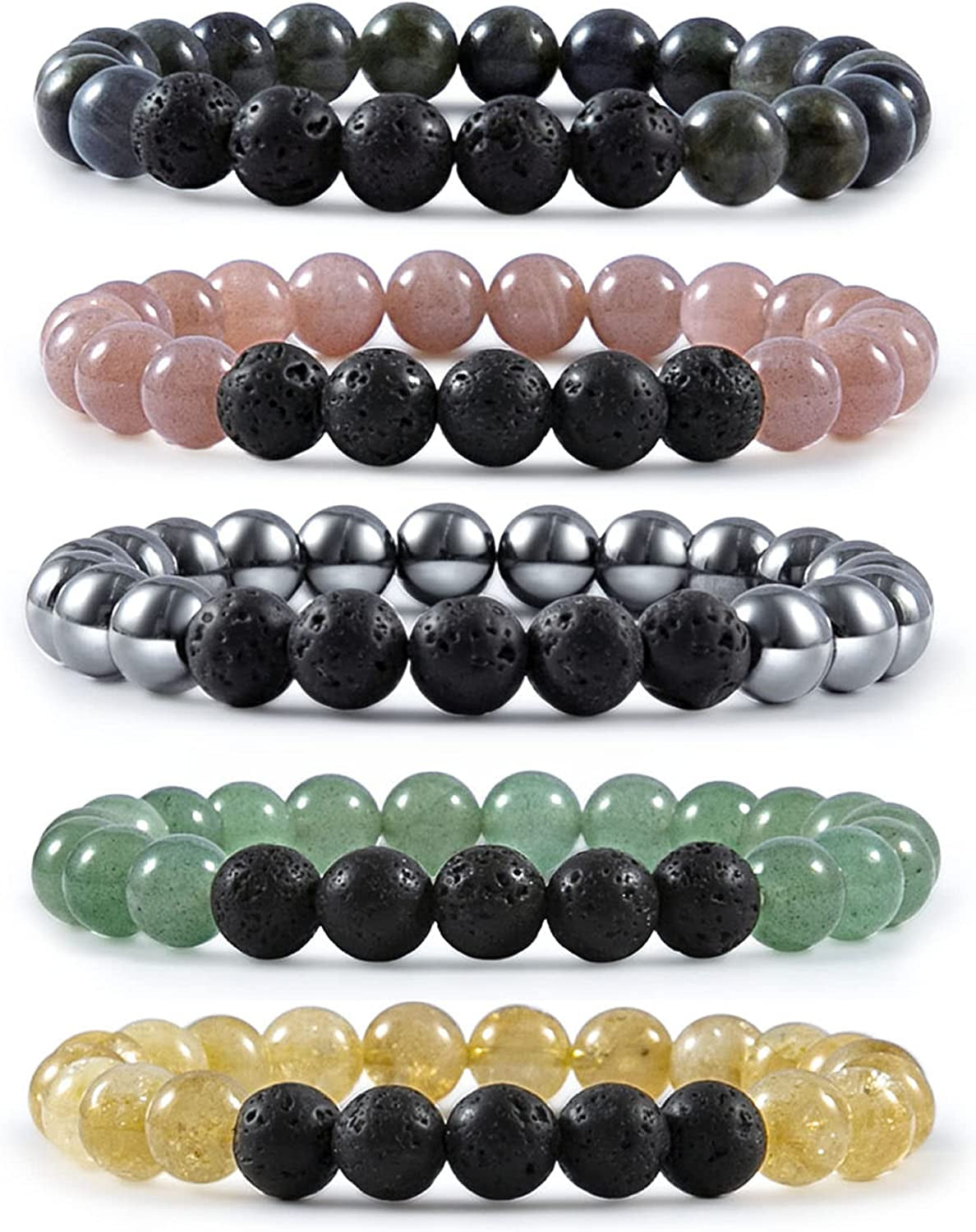 Bivei Natural Gem Semi Precious Reiki Healing Crystals Handmade 8Mm round Beads Stretch Bracelet Apparel & Accessories > Jewelry > Bracelets Bivei 5PC SET(Citrine+Green Aventurine+Hematite+Sunstone+Spectrolite with lava stone)  