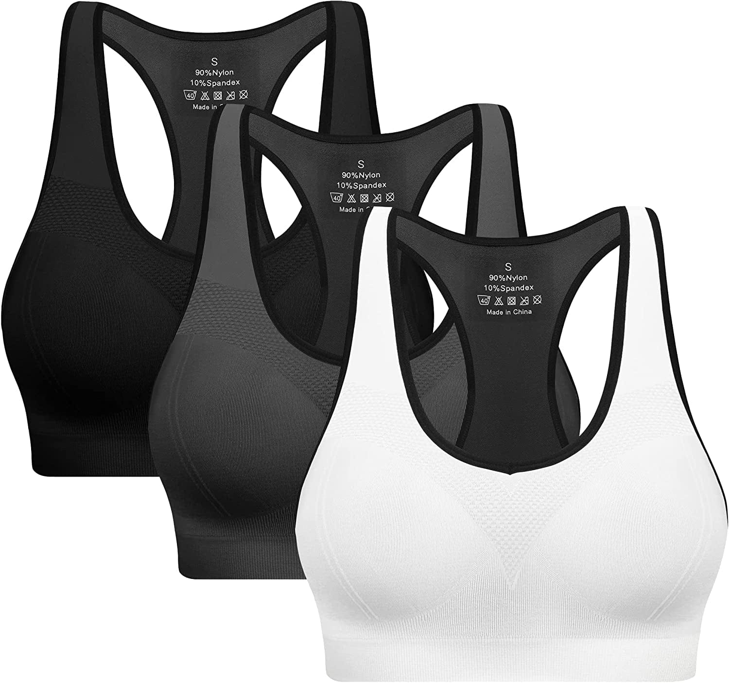 BHRIWRPY Soft Padded Sport Bras for Women - Everyday Cute Supportive for Yoga Running Workout Exercise Pack of 3 Black/Grey/White - New / X-Large