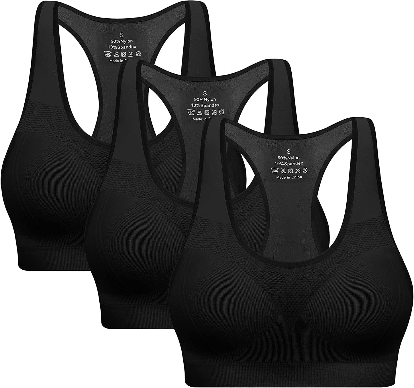 BHRIWRPY Soft Padded Sport Bras for Women - Everyday Cute Supportive for Yoga Running Workout Exercise Pack of 3 Black/Black/Black - New / Large