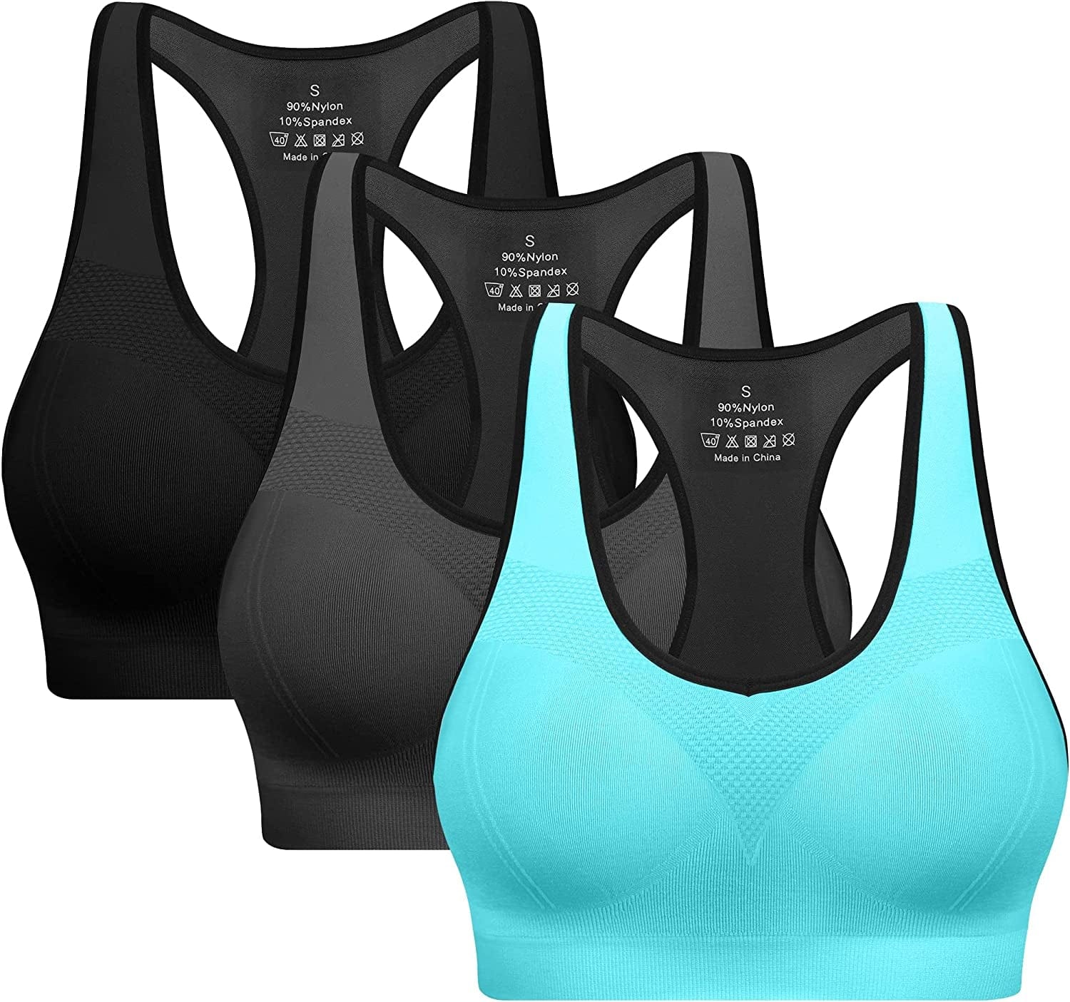 BHRIWRPY Soft Padded Sport Bras for Women - Everyday Cute Supportive for Yoga Running Workout Exercise Pack of 3 Black/Grey/Blue - New / Large