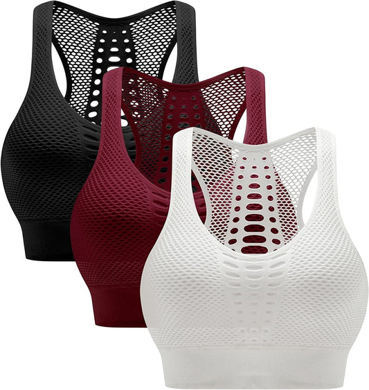 BHRIWRPY Soft Padded Sport Bras for Women - Everyday Cute Supportive for Yoga Running Workout Exercise Pack of 3 Black / White / Red / XX-Large