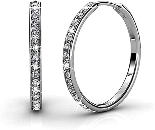 Bianca 18K White Gold Hoop Earrings with Crystals, Best Silver Hoops for Women, Sparkle round Hoops for Ladies, Hoop Earrings Silver