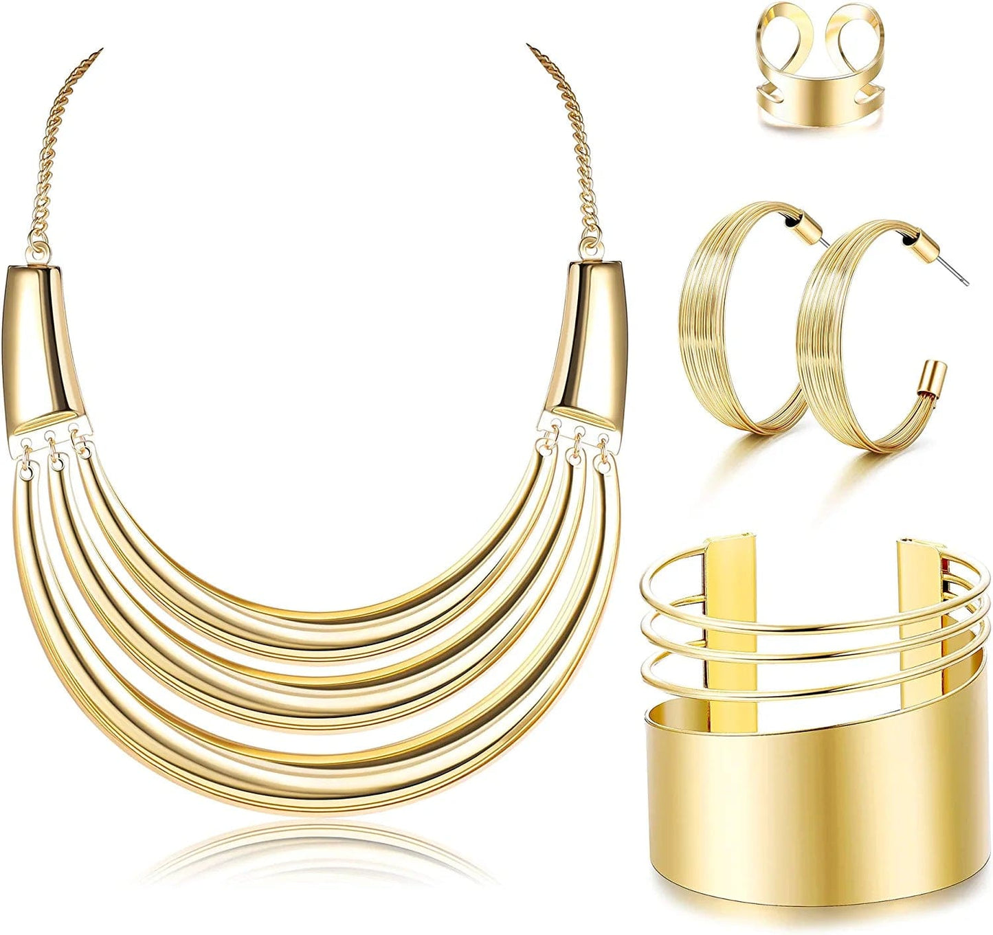 Bib Choker Necklace for Women Wide Cuff Bangle Bracelet Open Hoop Earrings Adjustable Ring Chunky Statement Costume Jewelry Set Gold Tone