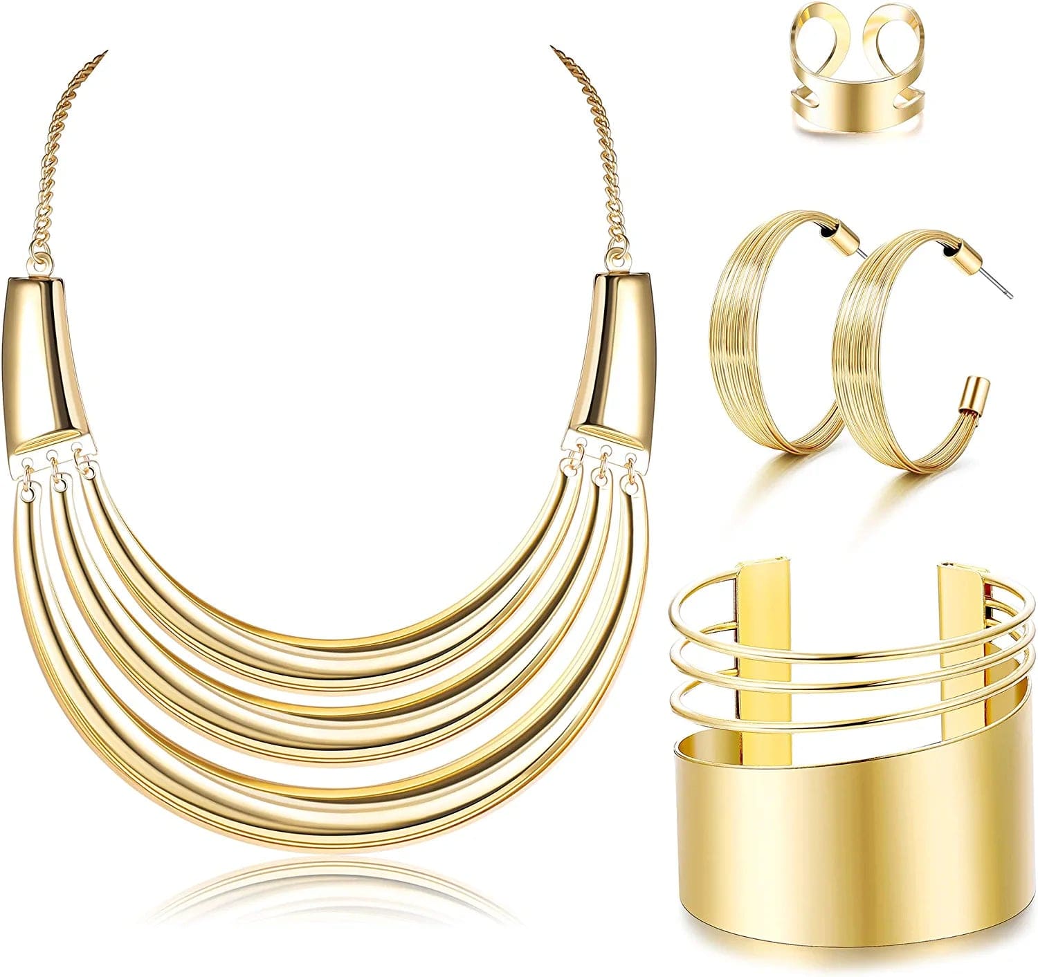 Bib Choker Necklace for Women Wide Cuff Bangle Bracelet Open Hoop Earrings Adjustable Ring Chunky Statement Costume Jewelry Set Gold Tone