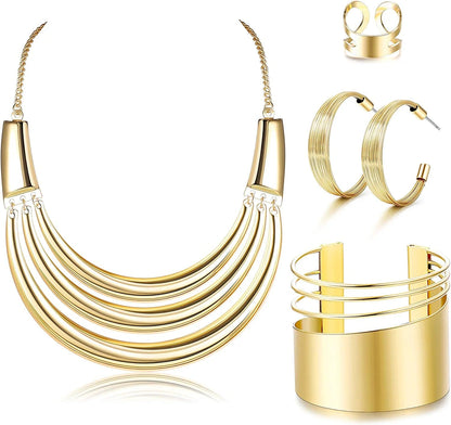 Bib Choker Necklace for Women Wide Cuff Bangle Bracelet Open Hoop Earrings Adjustable Ring Chunky Statement Costume Jewelry Set Gold Tone