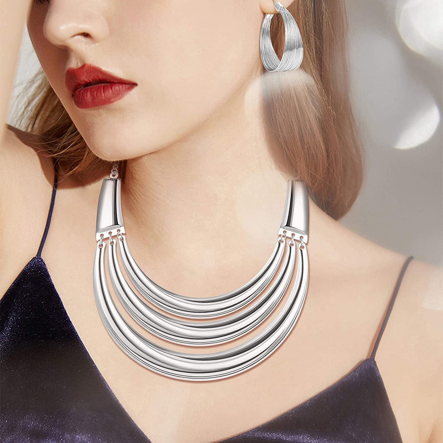 Bib Choker Necklace for Women Wide Cuff Bangle Bracelet Open Hoop Earrings Adjustable Ring Chunky Statement Costume Jewelry Set
