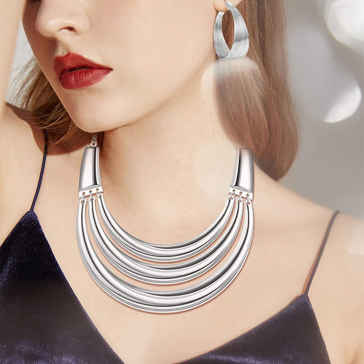 Bib Choker Necklace for Women Wide Cuff Bangle Bracelet Open Hoop Earrings Adjustable Ring Chunky Statement Costume Jewelry Set