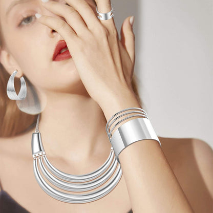 Bib Choker Necklace for Women Wide Cuff Bangle Bracelet Open Hoop Earrings Adjustable Ring Chunky Statement Costume Jewelry Set
