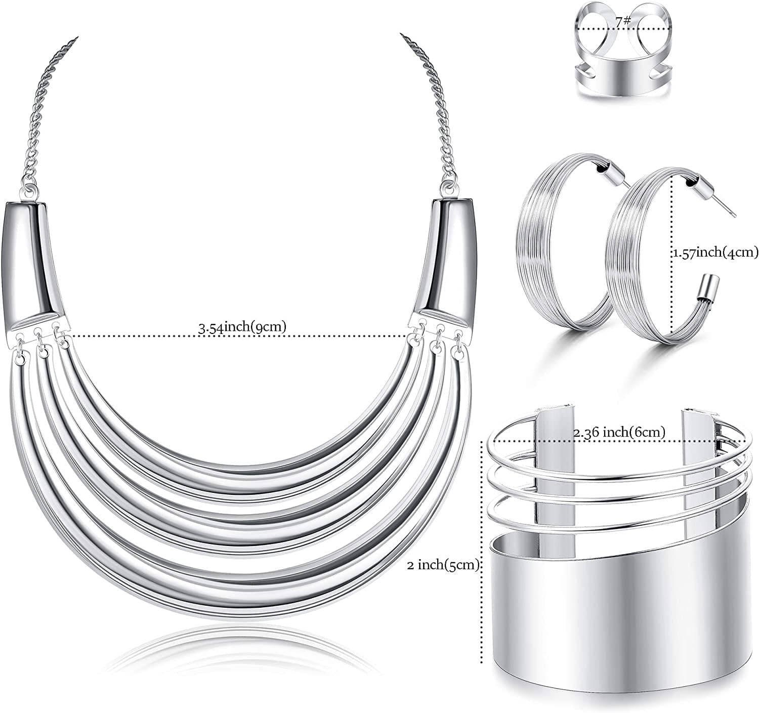 Bib Choker Necklace for Women Wide Cuff Bangle Bracelet Open Hoop Earrings Adjustable Ring Chunky Statement Costume Jewelry Set