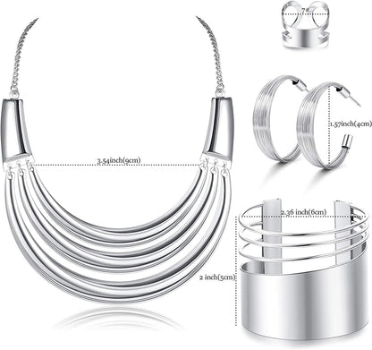 Bib Choker Necklace for Women Wide Cuff Bangle Bracelet Open Hoop Earrings Adjustable Ring Chunky Statement Costume Jewelry Set