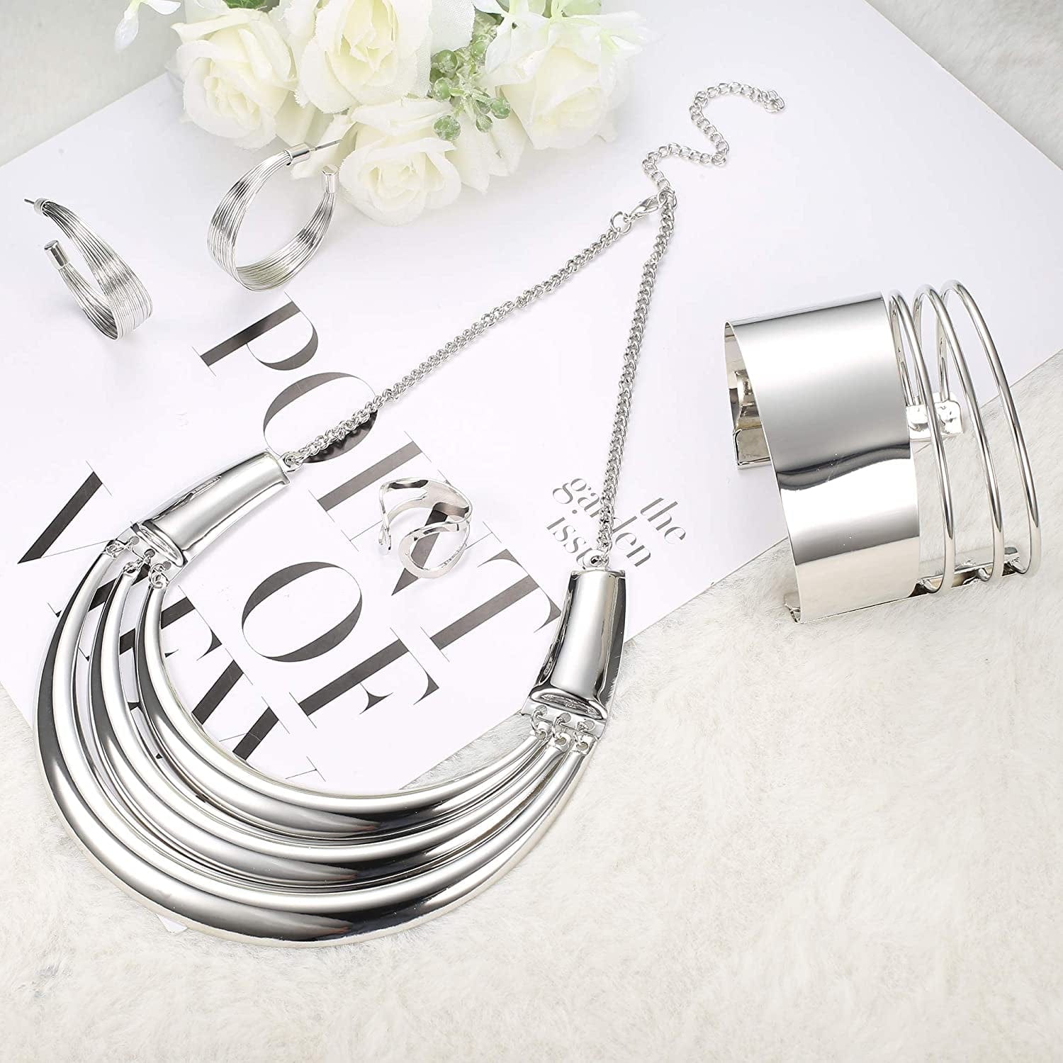 Bib Choker Necklace for Women Wide Cuff Bangle Bracelet Open Hoop Earrings Adjustable Ring Chunky Statement Costume Jewelry Set