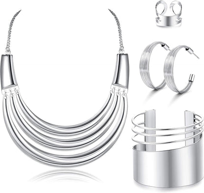 Bib Choker Necklace for Women Wide Cuff Bangle Bracelet Open Hoop Earrings Adjustable Ring Chunky Statement Costume Jewelry Set Silver Tone