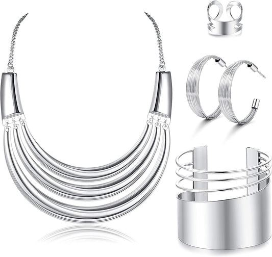 Bib Choker Necklace for Women Wide Cuff Bangle Bracelet Open Hoop Earrings Adjustable Ring Chunky Statement Costume Jewelry Set Silver Tone