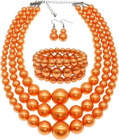 Big Pearl Necklace for Women Chunky Pearl Necklace and Earring Set Large Pearl Costume Necklace 1920S Pearl Necklace Faux Pearls Gatsby Accessories A-orange