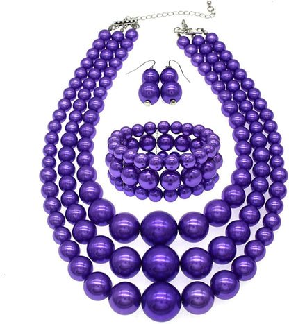 Big Pearl Necklace for Women Chunky Pearl Necklace and Earring Set Large Pearl Costume Necklace 1920S Pearl Necklace Faux Pearls Gatsby Accessories A-Purple
