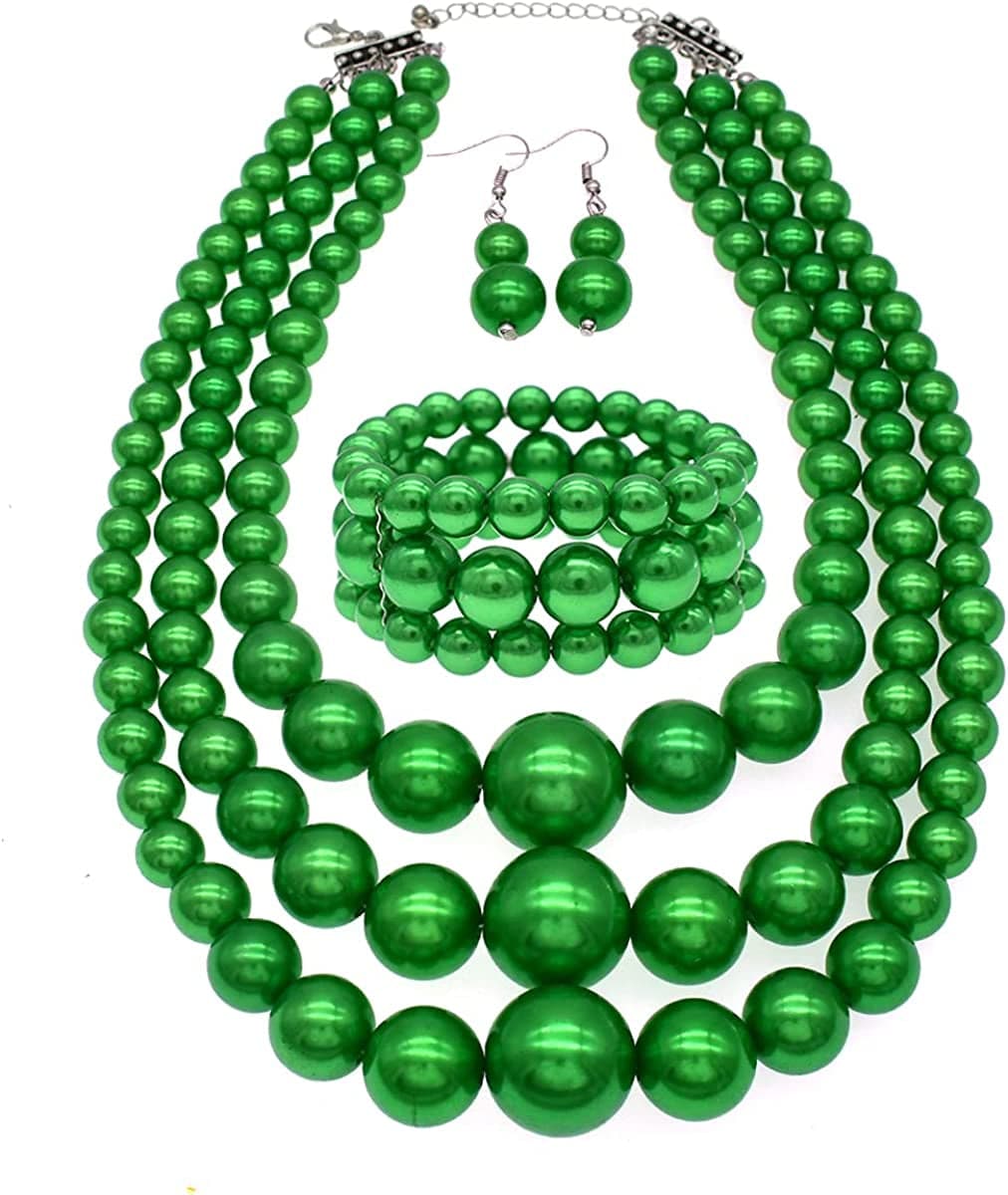 Big Pearl Necklace for Women Chunky Pearl Necklace and Earring Set Large Pearl Costume Necklace 1920S Pearl Necklace Faux Pearls Gatsby Accessories A-Green