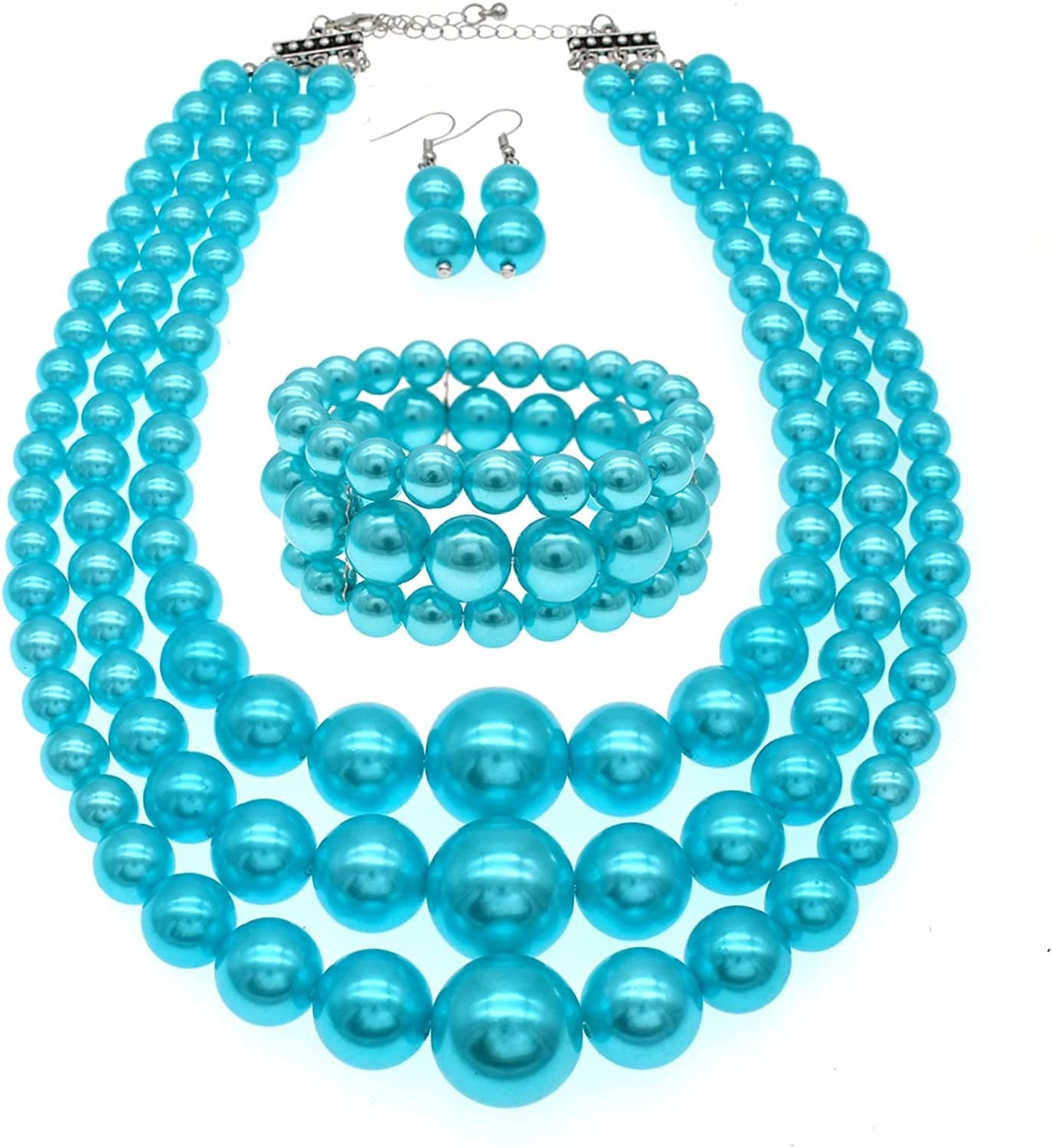 Big Pearl Necklace for Women Chunky Pearl Necklace and Earring Set Large Pearl Costume Necklace 1920S Pearl Necklace Faux Pearls Gatsby Accessories A-Light Blue