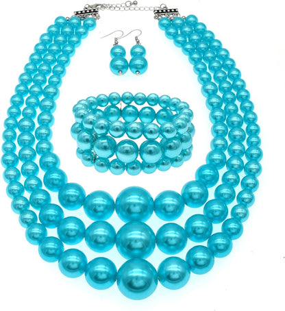 Big Pearl Necklace for Women Chunky Pearl Necklace and Earring Set Large Pearl Costume Necklace 1920S Pearl Necklace Faux Pearls Gatsby Accessories A-Light Blue
