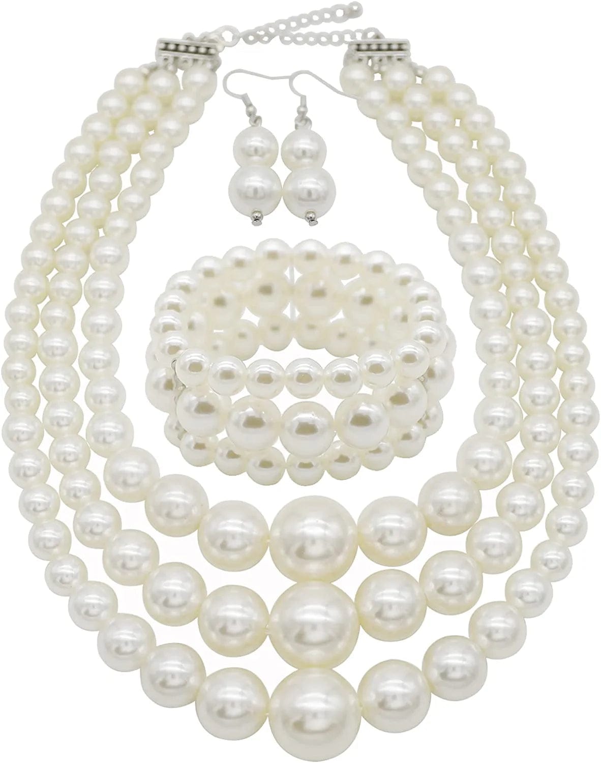 Big Pearl Necklace for Women Chunky Pearl Necklace and Earring Set Large Pearl Costume Necklace 1920S Pearl Necklace Faux Pearls Gatsby Accessories A-White