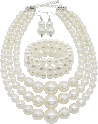 Big Pearl Necklace for Women Chunky Pearl Necklace and Earring Set Large Pearl Costume Necklace 1920S Pearl Necklace Faux Pearls Gatsby Accessories A-White