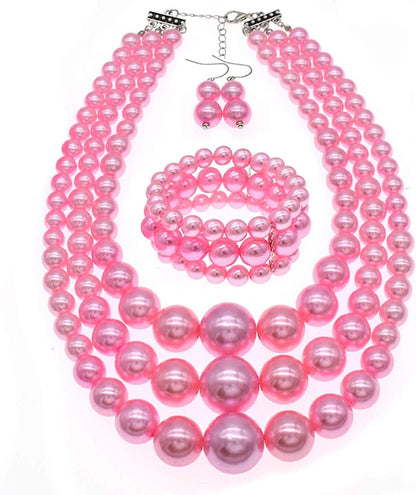 Big Pearl Necklace for Women Chunky Pearl Necklace and Earring Set Large Pearl Costume Necklace 1920S Pearl Necklace Faux Pearls Gatsby Accessories A-Pink