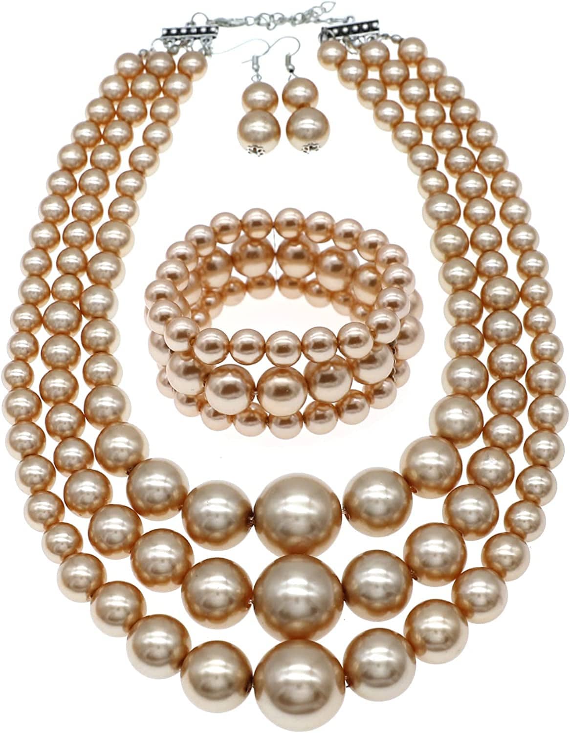 Big Pearl Necklace for Women Chunky Pearl Necklace and Earring Set Large Pearl Costume Necklace 1920S Pearl Necklace Faux Pearls Gatsby Accessories A-Champagne pearl necklace set
