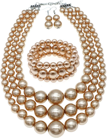 Big Pearl Necklace for Women Chunky Pearl Necklace and Earring Set Large Pearl Costume Necklace 1920S Pearl Necklace Faux Pearls Gatsby Accessories A-Champagne pearl necklace set