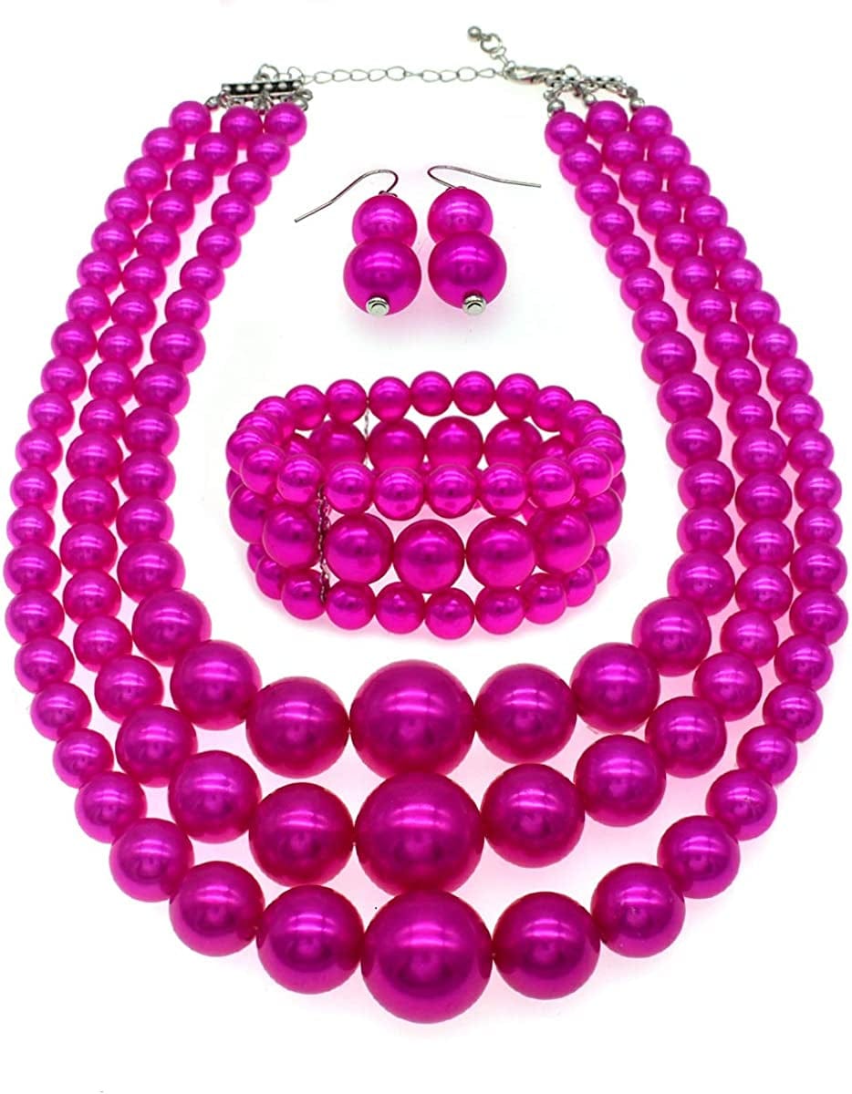 Big Pearl Necklace for Women Chunky Pearl Necklace and Earring Set Large Pearl Costume Necklace 1920S Pearl Necklace Faux Pearls Gatsby Accessories A-Fuchsia