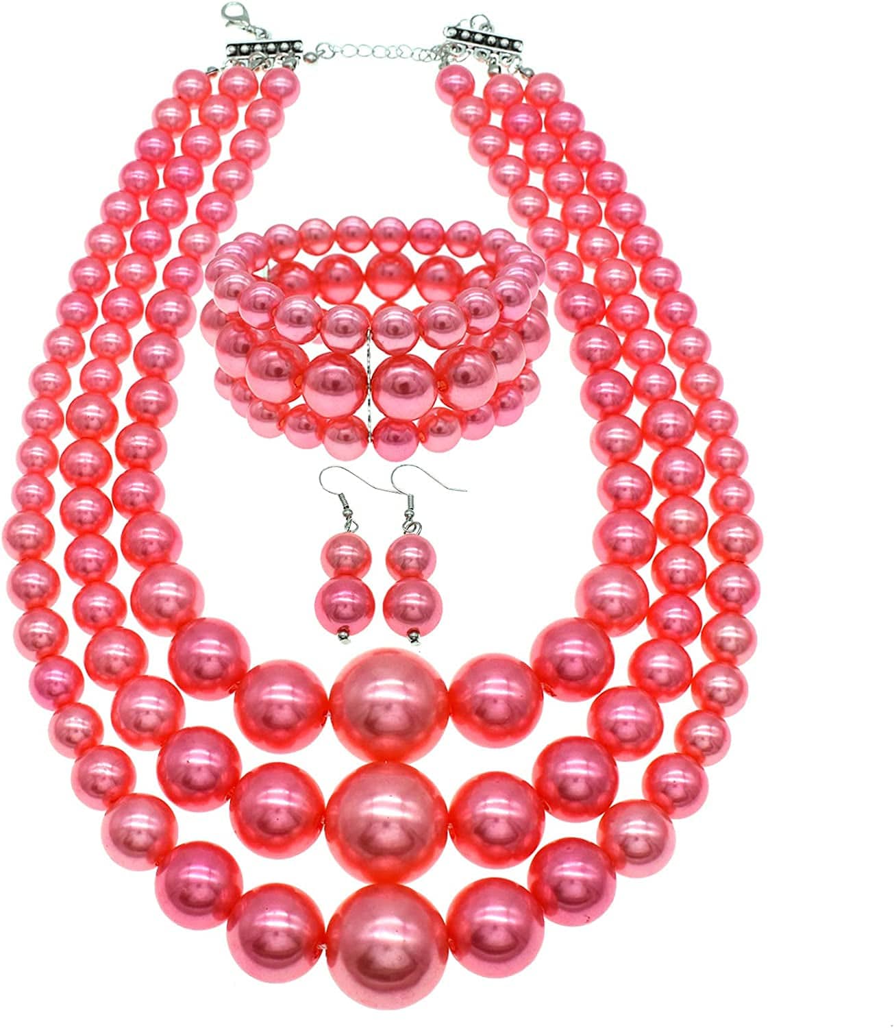 Big Pearl Necklace for Women Chunky Pearl Necklace and Earring Set Large Pearl Costume Necklace 1920S Pearl Necklace Faux Pearls Gatsby Accessories A-Papaya Tone