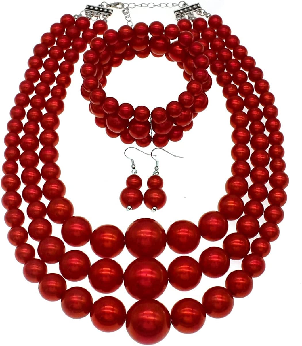 Big Pearl Necklace for Women Chunky Pearl Necklace and Earring Set Large Pearl Costume Necklace 1920S Pearl Necklace Faux Pearls Gatsby Accessories A-red