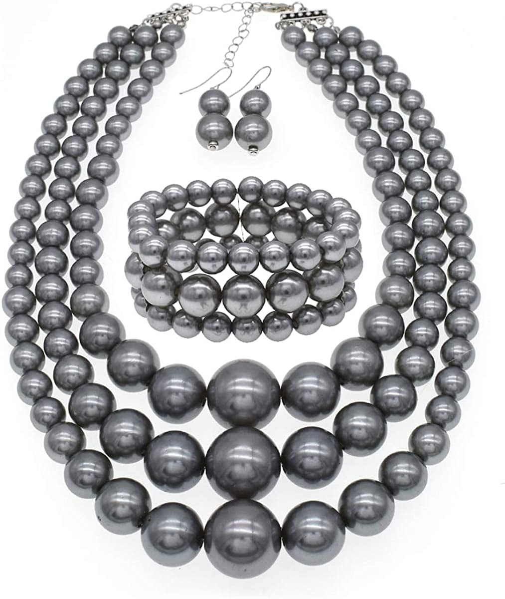Big Pearl Necklace for Women Chunky Pearl Necklace and Earring Set Large Pearl Costume Necklace 1920S Pearl Necklace Faux Pearls Gatsby Accessories A-Grey