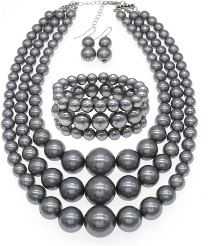 Big Pearl Necklace for Women Chunky Pearl Necklace and Earring Set Large Pearl Costume Necklace 1920S Pearl Necklace Faux Pearls Gatsby Accessories A-Grey